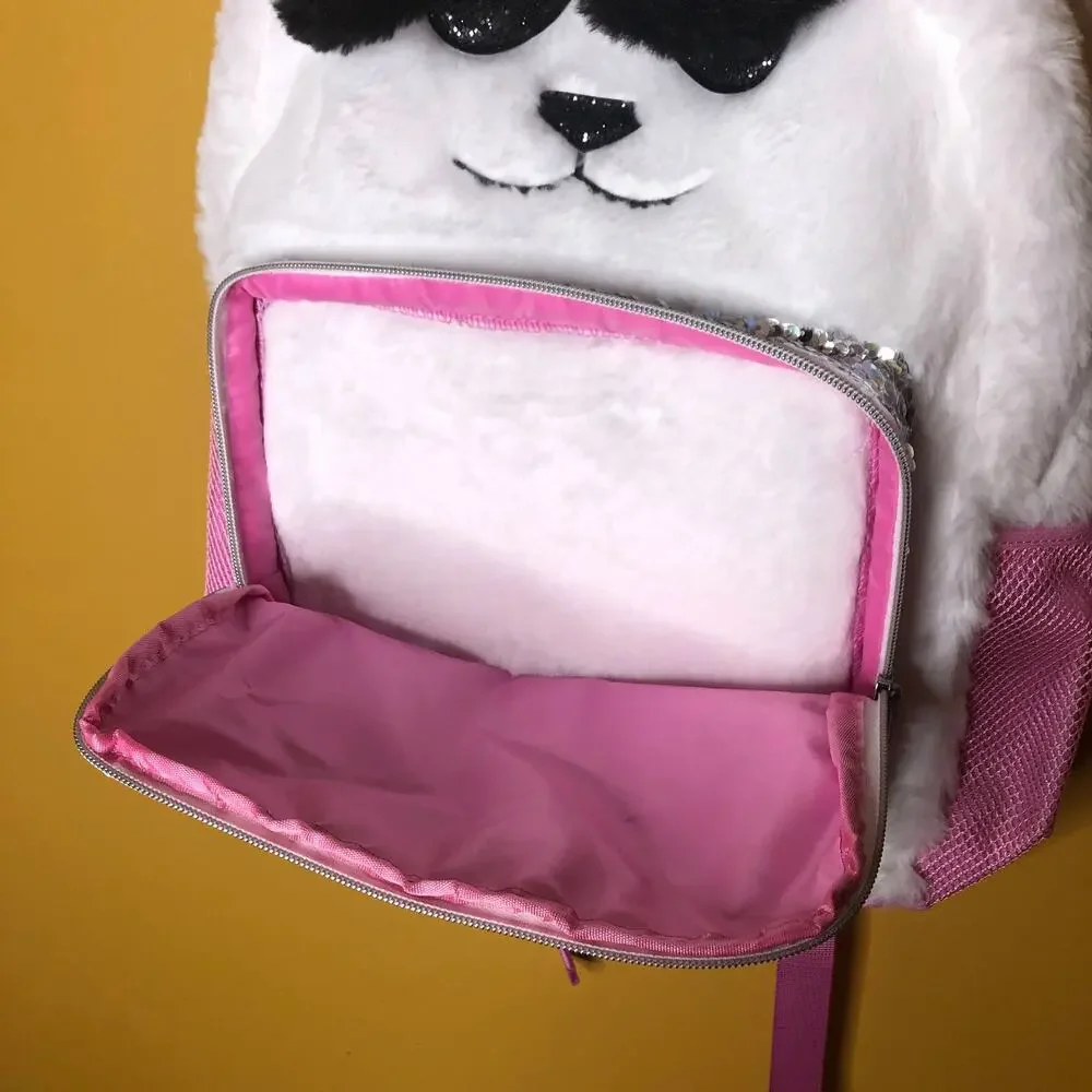 Sequin Bear Fuzzy Pink Backpack, New!